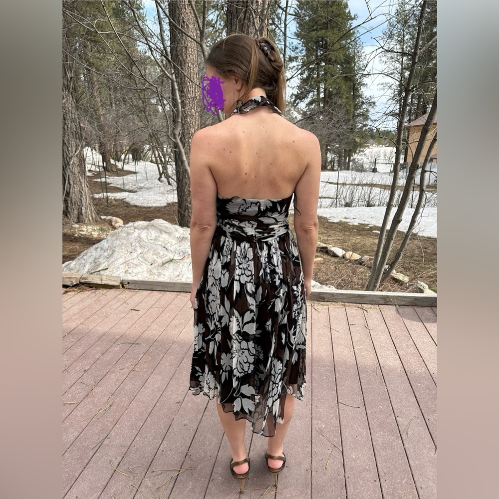 Silk Chiffon Black, White and Brown Floral Halter Dress